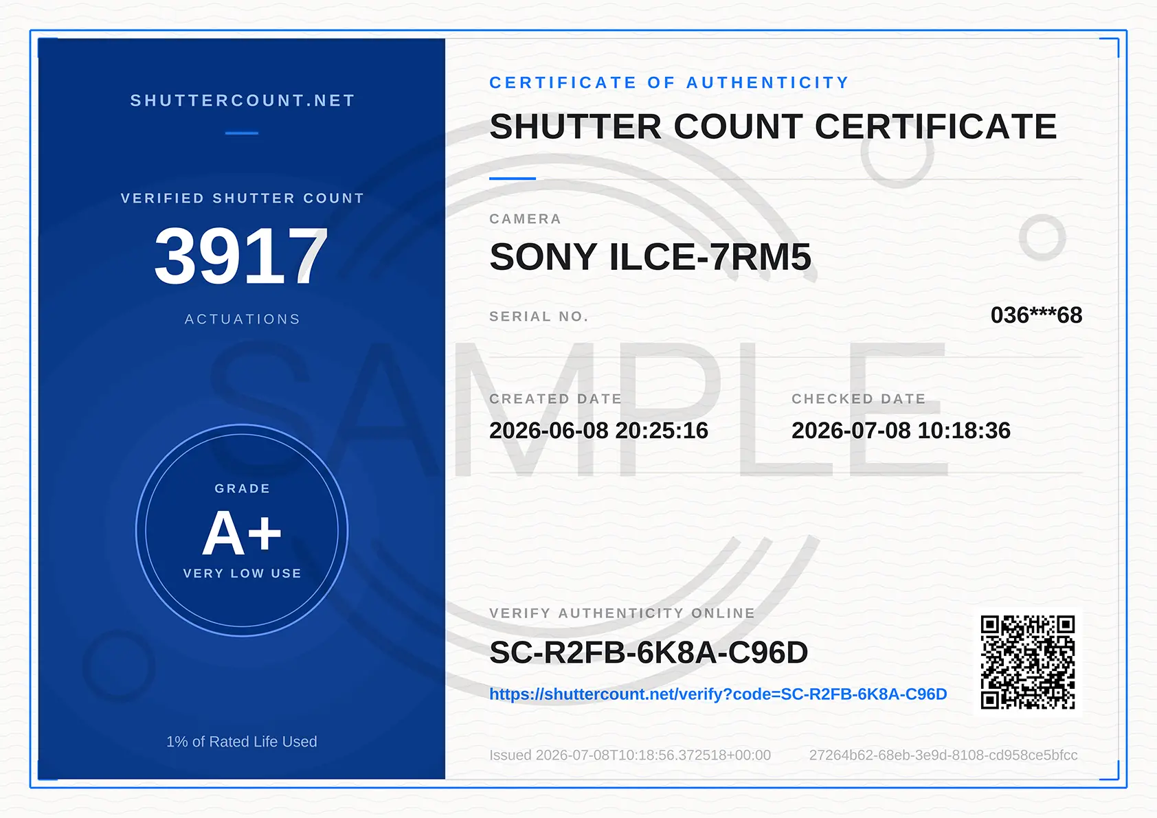 Sample ShutterCount certificate showing camera model, verified shutter count, grade and verification code